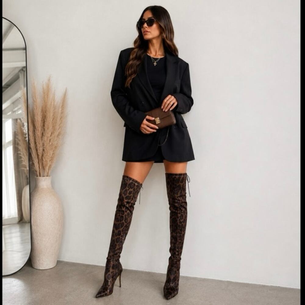 GUESS Valerine Leopard Print Over The Knee Velvet Stiletto Boots Women's 8M